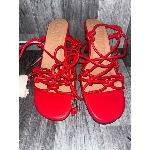 Ganni Shoes - Ganni Red Leather Mules Ankle Wrap Tie Embellished Detail Designer SZ 9 NEW